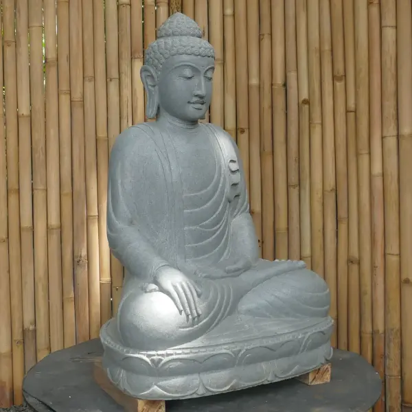 Product image 7 of the product “Seated Buddha made of Riverstone in Bhumisparsha - gesture of touching the earth, approx. 102cm height, natural ”