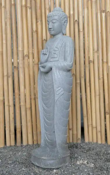 Artikelbild 7 des Artikels “Stehender Buddha aus Flussstein in Dharmachakra-Stellung - Geste des Rades der Dharma-Lehre. Ungefähr 122cm Höhe “