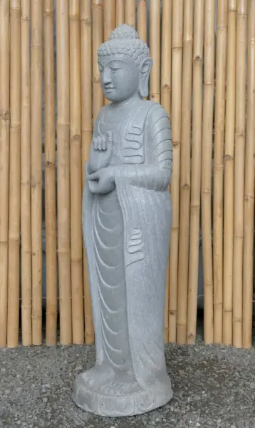 Artikelbild 7 des Artikels “Stehender Buddha aus Flussstein in Dharmachakra-Position - Geste des Rades der Dharma-Lehre. Ungefähr 122cm Höhe “