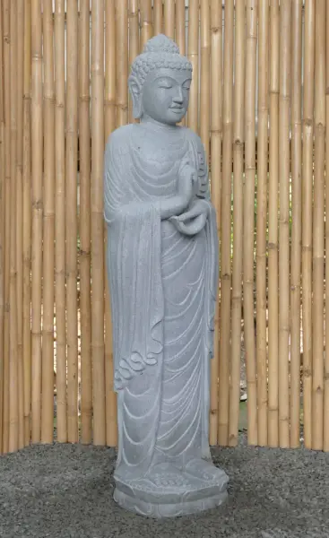 Artikelbild 7 des Artikels “Stehender Buddha aus Flussstein in Dharmachakra-Stellung - Geste des Rades der Dharma-Lehre. Etwa 152cm Höhe “