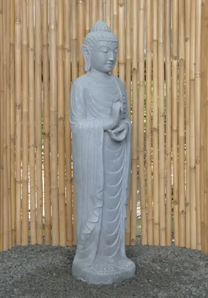 Artikelbild 7 des Artikels “Stehender Buddha aus Flussstein in Dharmachakra-Stellung - Geste des Rades der Dharma-Lehre. Ca. 143cm Höhe “